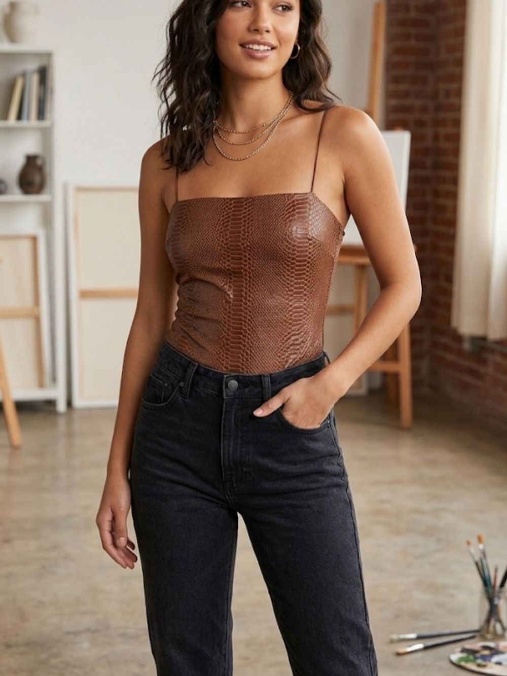 Chocolate Faux-Snakeskin Spaghetti Strap Cami in Brown